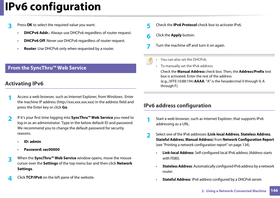 Ipv6 configuration, Activating ipv6, Ipv6 address configuration | Samsung CLP-415NW-XAA User Manual | Page 145 / 270