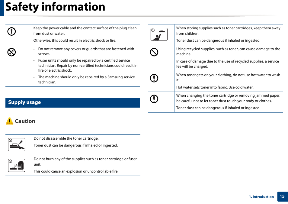 Safety information, Caution, Supply usage | Samsung CLP-415NW-XAA User Manual | Page 15 / 270