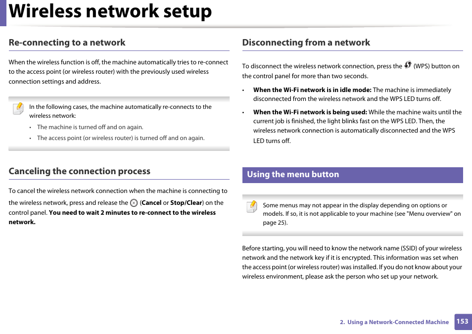 Wireless network setup, Re-connecting to a network, Canceling the connection process | Disconnecting from a network, Using the menu button | Samsung CLP-415NW-XAA User Manual | Page 152 / 270