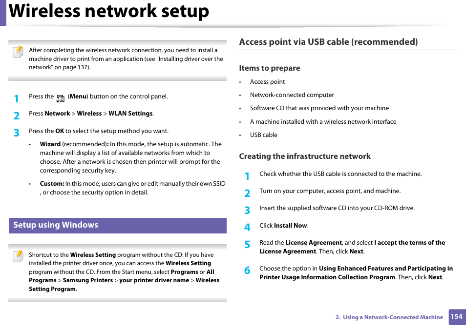 Wireless network setup, Access point via usb cable (recommended) | Samsung CLP-415NW-XAA User Manual | Page 153 / 270
