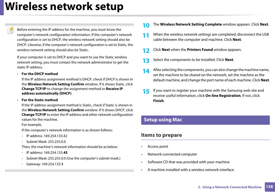Wireless network setup, Items to prepare, Setup using mac | Samsung CLP-415NW-XAA User Manual | Page 157 / 270