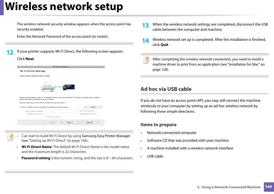 Wireless network setup, Ad hoc via usb cable | Samsung CLP-415NW-XAA User Manual | Page 159 / 270