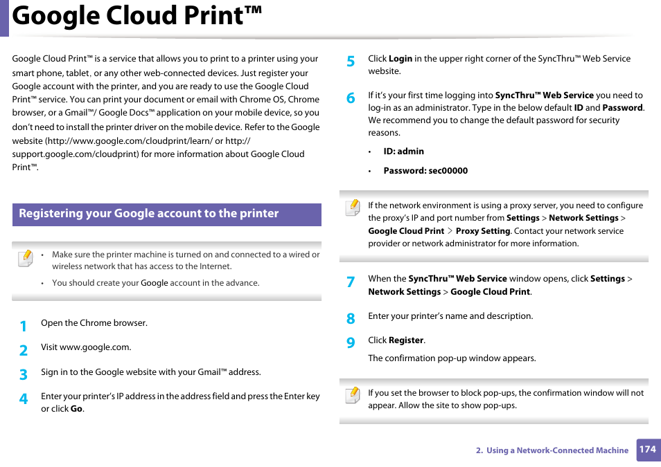 Google cloud print, Registering your google account to the printer | Samsung CLP-415NW-XAA User Manual | Page 173 / 270