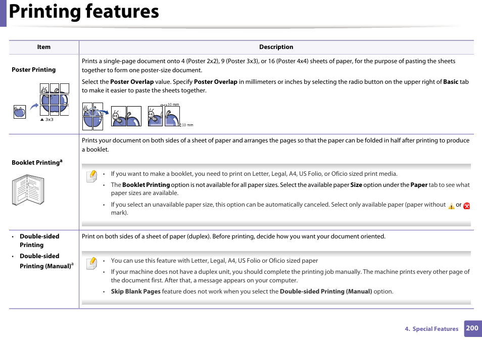 Printing features | Samsung CLP-415NW-XAA User Manual | Page 199 / 270