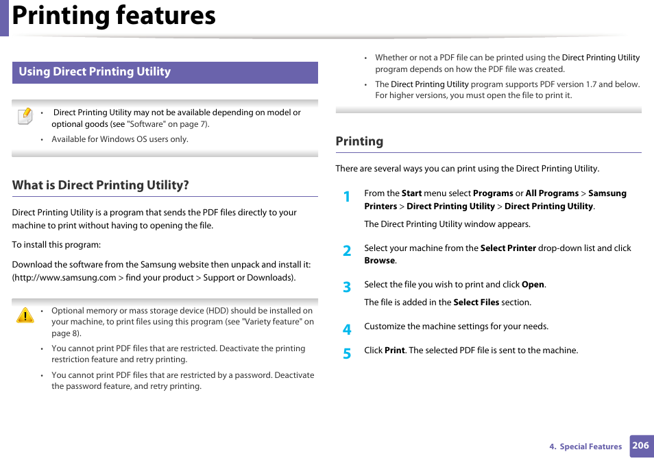 Printing features, What is direct printing utility, Printing | Using direct printing utility | Samsung CLP-415NW-XAA User Manual | Page 205 / 270