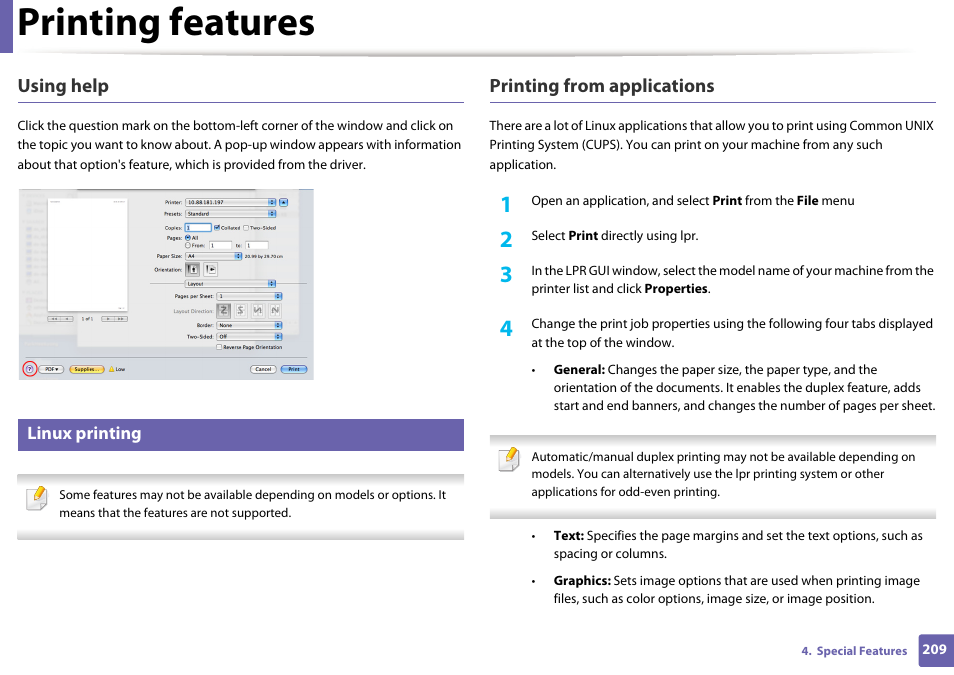 Printing features, Using help, Printing from applications | Linux printing | Samsung CLP-415NW-XAA User Manual | Page 208 / 270