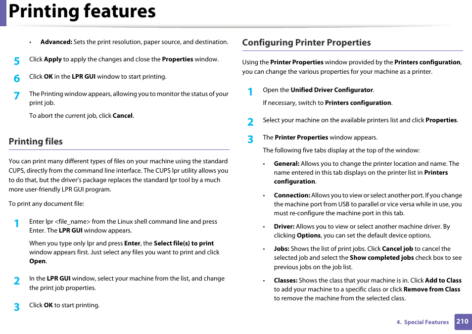 Printing features | Samsung CLP-415NW-XAA User Manual | Page 209 / 270