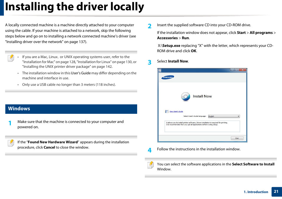 Installing the driver locally, Windows | Samsung CLP-415NW-XAA User Manual | Page 21 / 270