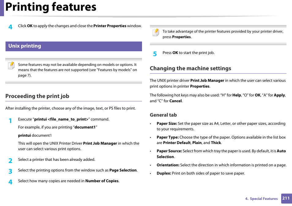 Printing features, Proceeding the print job, Changing the machine settings | Unix printing | Samsung CLP-415NW-XAA User Manual | Page 210 / 270