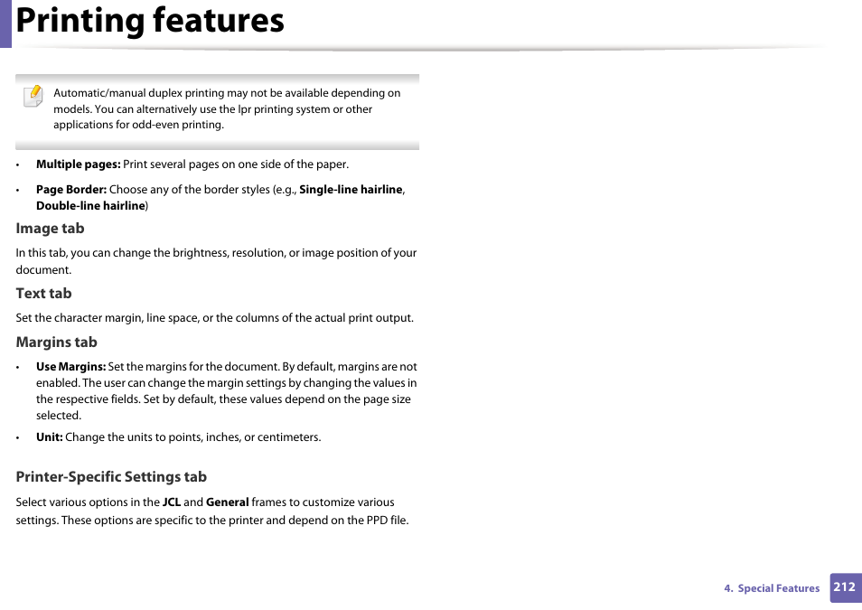 Printing features | Samsung CLP-415NW-XAA User Manual | Page 211 / 270