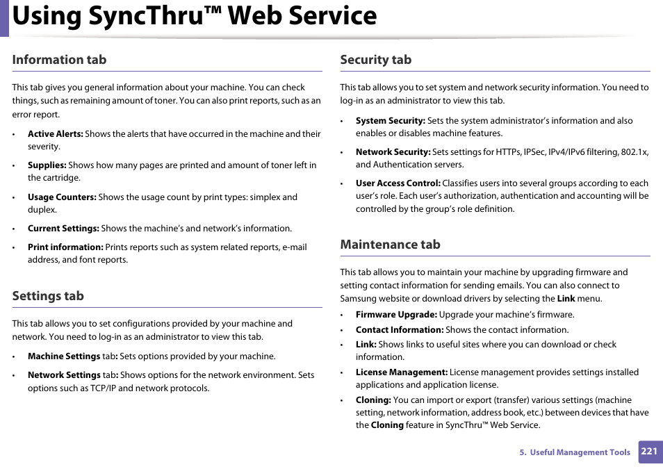 Using syncthru™ web service, Information tab, Settings tab | Security tab, Maintenance tab | Samsung CLP-415NW-XAA User Manual | Page 220 / 270