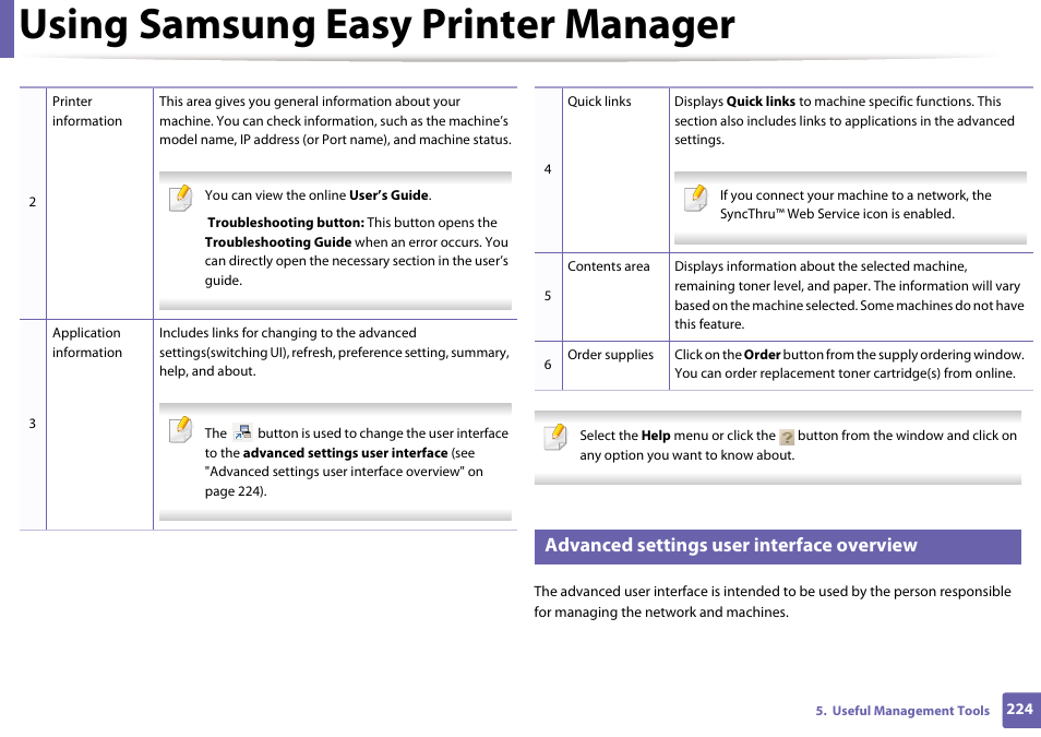 Using samsung easy printer manager, Advanced settings user interface overview | Samsung CLP-415NW-XAA User Manual | Page 223 / 270