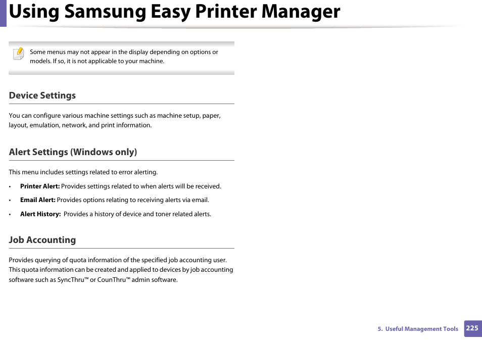 See "device, Using samsung easy printer manager, Device settings | Alert settings (windows only), Job accounting | Samsung CLP-415NW-XAA User Manual | Page 224 / 270