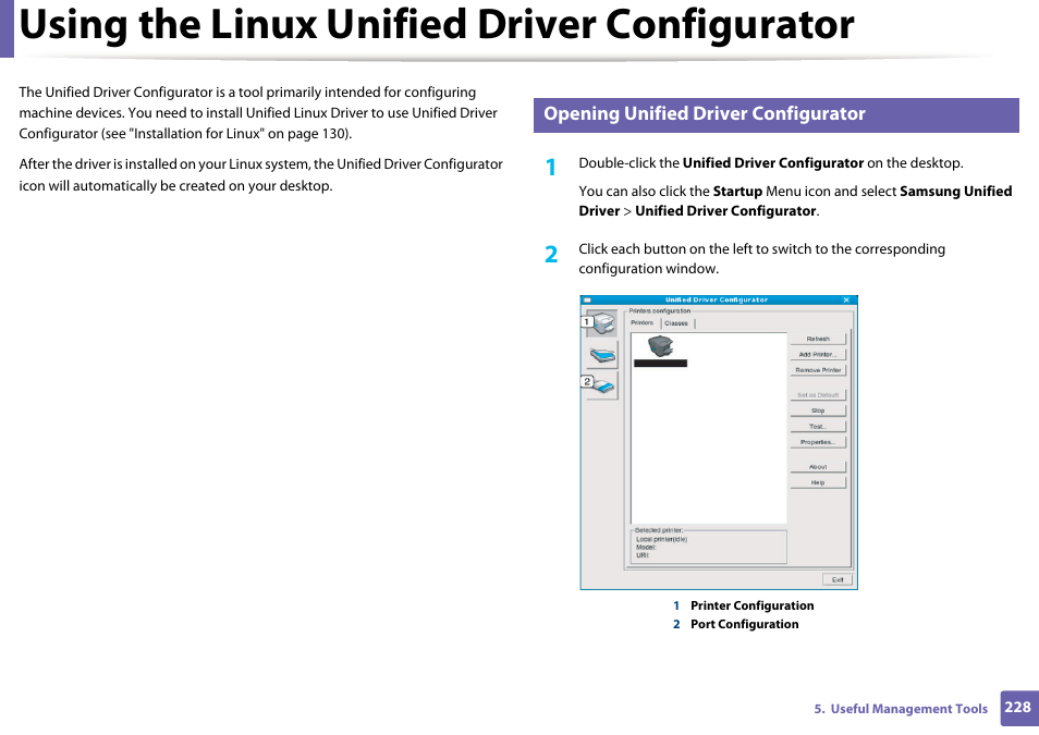 Using the linux unified driver configurator | Samsung CLP-415NW-XAA User Manual | Page 227 / 270