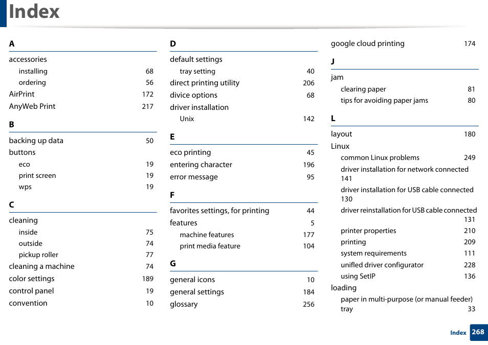 Accessories, Installing 68, Ordering 56 | Airprint 172, Anyweb print 217, Backing up data 50, Buttons, Eco 19, Print screen 19, Wps 19 | Samsung CLP-415NW-XAA User Manual | Page 267 / 270