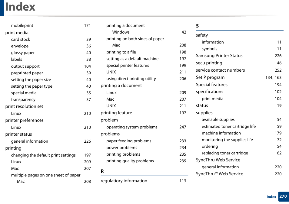 Mobileprint 171, Print media, Card stock 39 | Envelope 36, Glossy paper 40, Labels 38, Output support 104, Preprinted paper 39, Setting the paper size 40, Setting the paper type 40 | Samsung CLP-415NW-XAA User Manual | Page 269 / 270