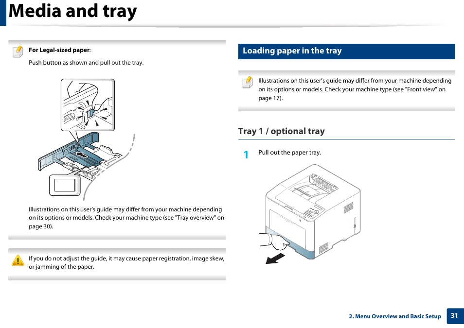 Media and tray, Tray 1 / optional tray, Loading paper in the tray | Samsung CLP-415NW-XAA User Manual | Page 30 / 270