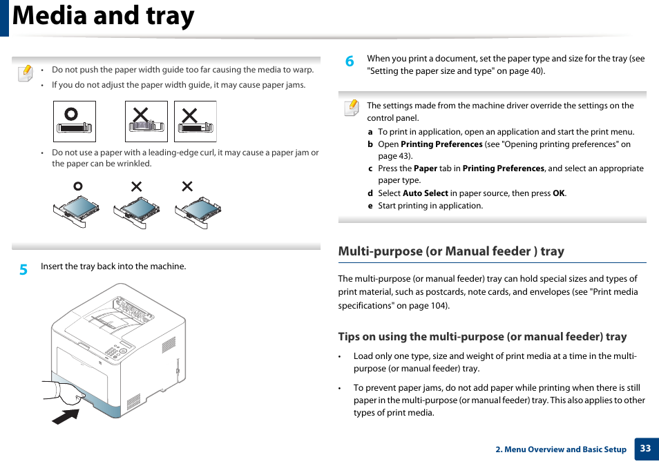 Media and tray, Multi-purpose (or manual feeder ) tray | Samsung CLP-415NW-XAA User Manual | Page 32 / 270