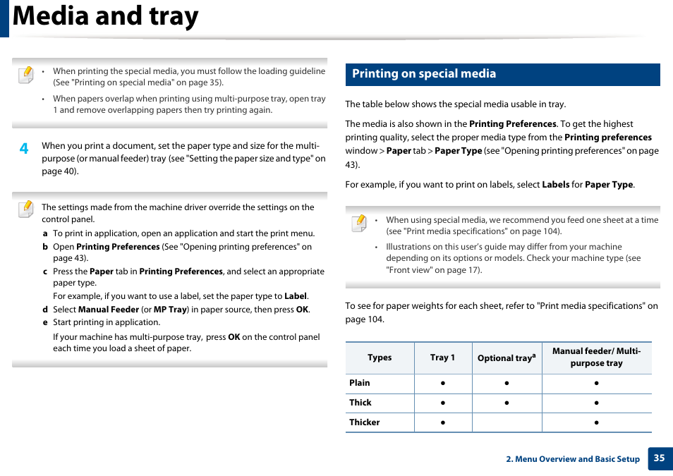 Media and tray, Printing on special media | Samsung CLP-415NW-XAA User Manual | Page 34 / 270