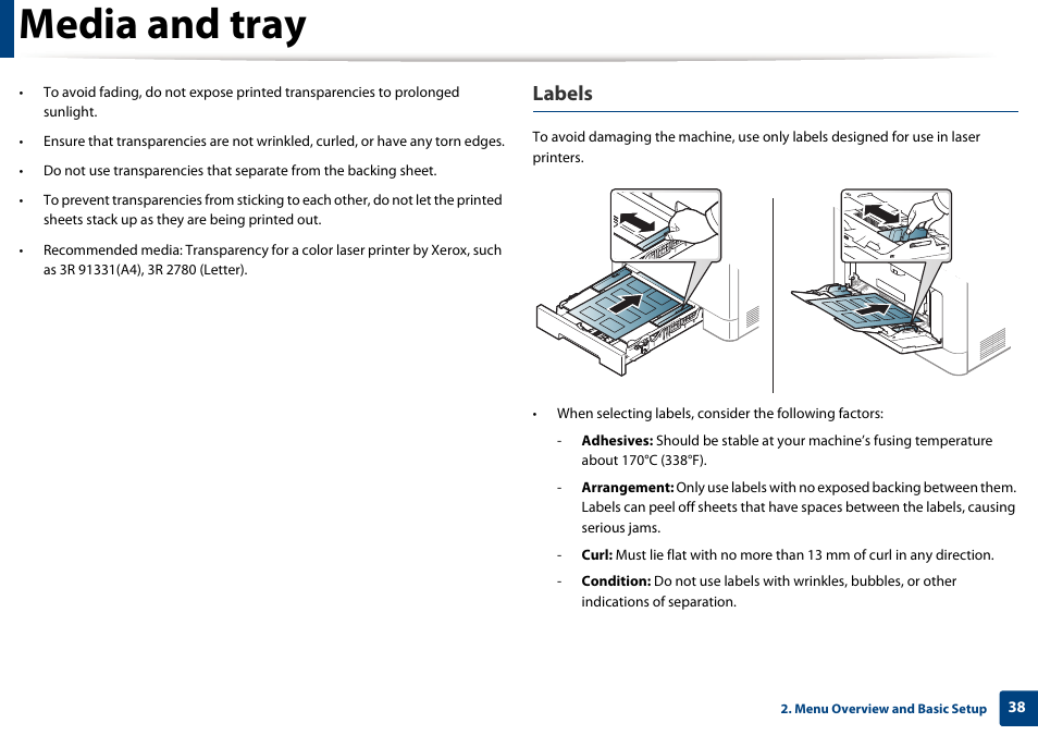Media and tray, Labels | Samsung CLP-415NW-XAA User Manual | Page 37 / 270