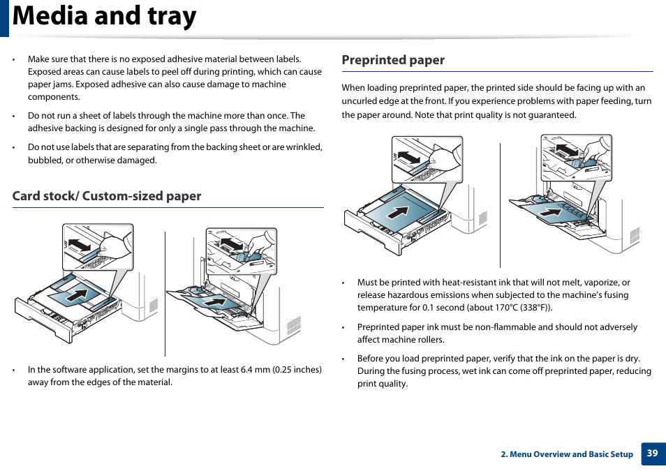 Media and tray, Card stock/ custom-sized paper, Preprinted paper | Samsung CLP-415NW-XAA User Manual | Page 38 / 270