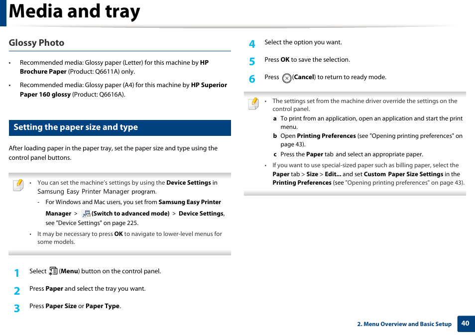 Media and tray, Glossy photo, Setting the paper size and type | Samsung CLP-415NW-XAA User Manual | Page 39 / 270