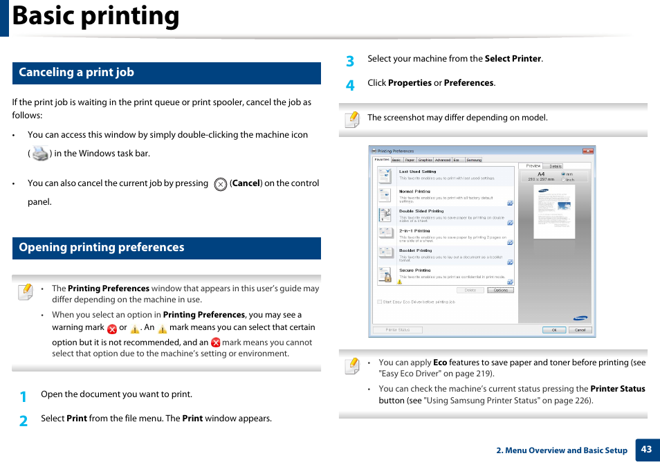 See "opening printing preferences" on, Basic printing, Canceling a print job | Opening printing preferences | Samsung CLP-415NW-XAA User Manual | Page 42 / 270