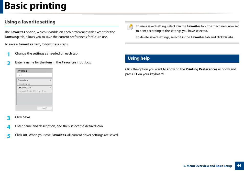 Basic printing, Using a favorite setting | Samsung CLP-415NW-XAA User Manual | Page 43 / 270