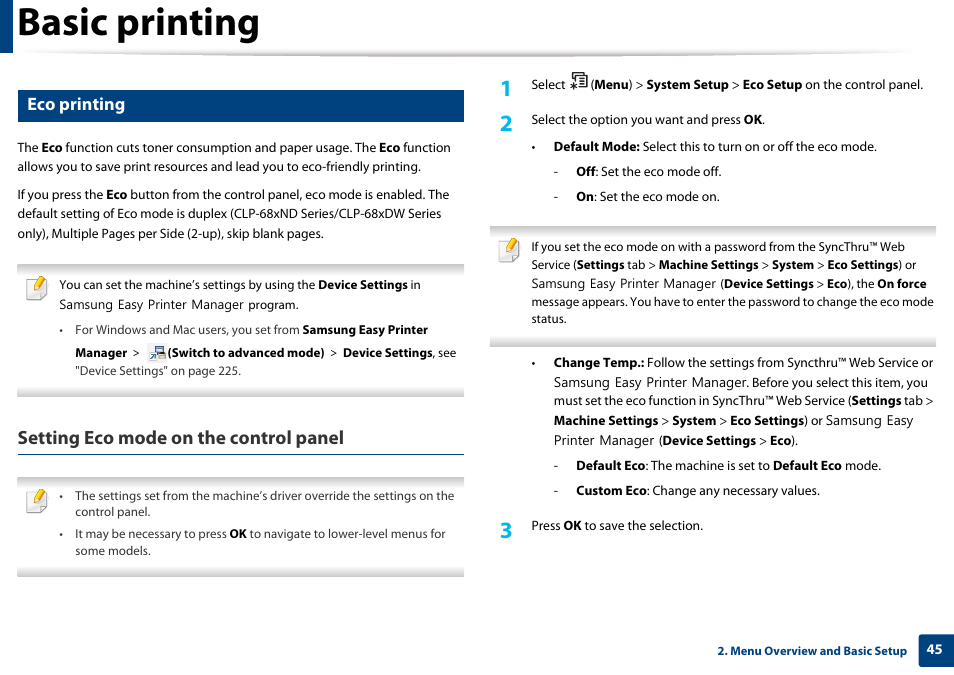 Basic printing, Setting eco mode on the control panel, Eco printing | Samsung CLP-415NW-XAA User Manual | Page 44 / 270