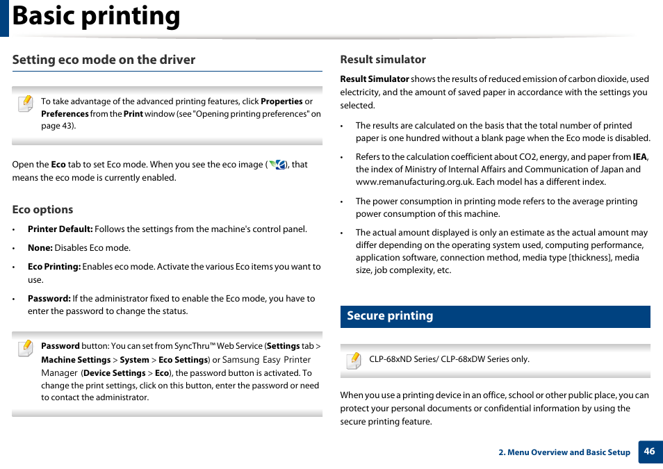 Basic printing, Setting eco mode on the driver, Secure printing | Eco options, Result simulator | Samsung CLP-415NW-XAA User Manual | Page 45 / 270