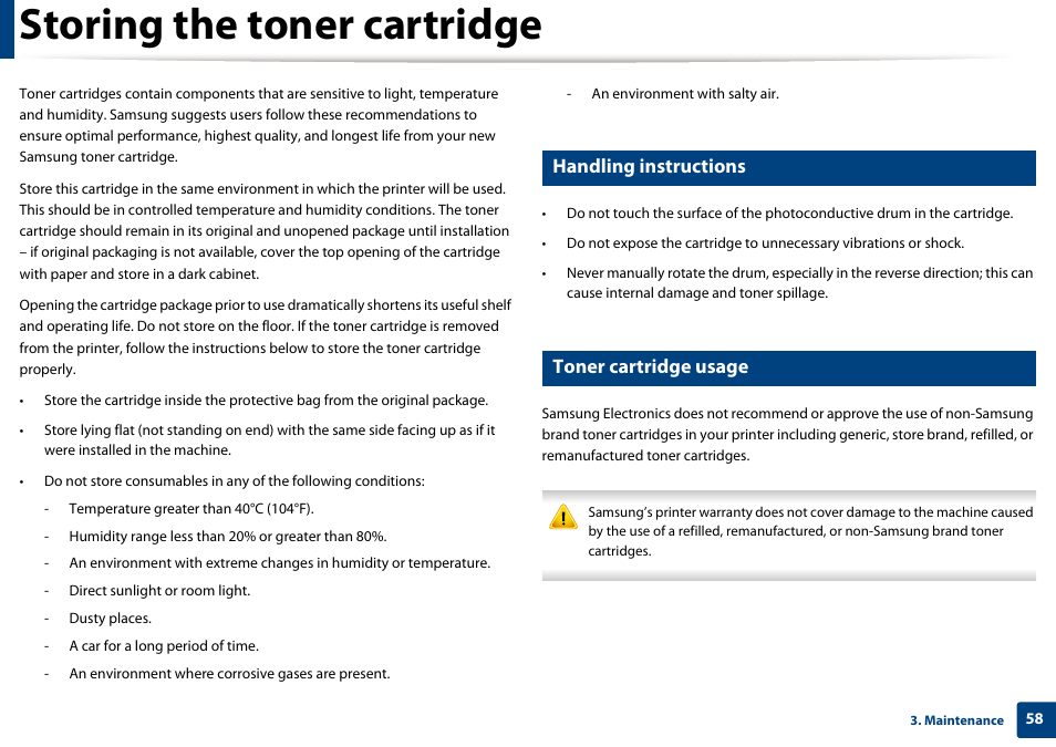 Storing the toner cartridge, Handling instructions, Toner cartridge usage | Samsung CLP-415NW-XAA User Manual | Page 57 / 270
