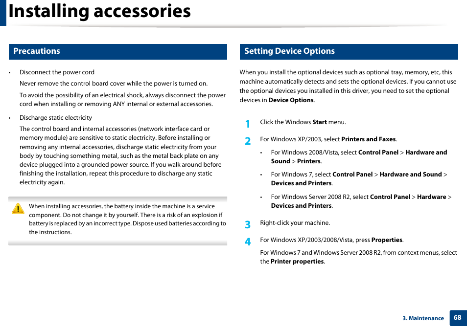 Installing accessories, See "setting device, Precautions | Setting device options | Samsung CLP-415NW-XAA User Manual | Page 67 / 270
