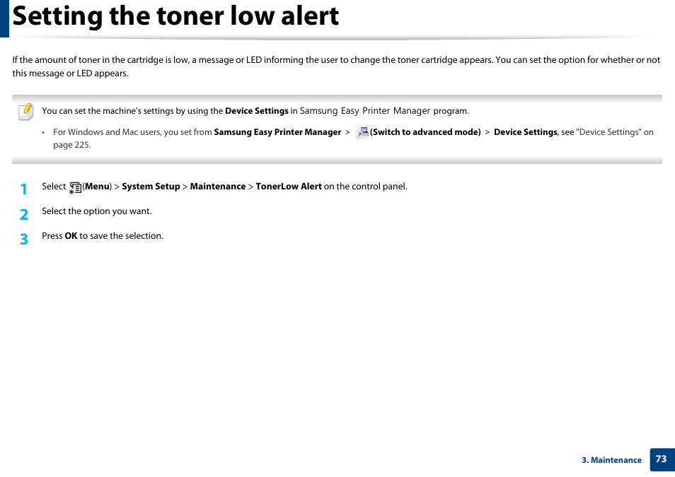 Setting the toner low alert | Samsung CLP-415NW-XAA User Manual | Page 72 / 270