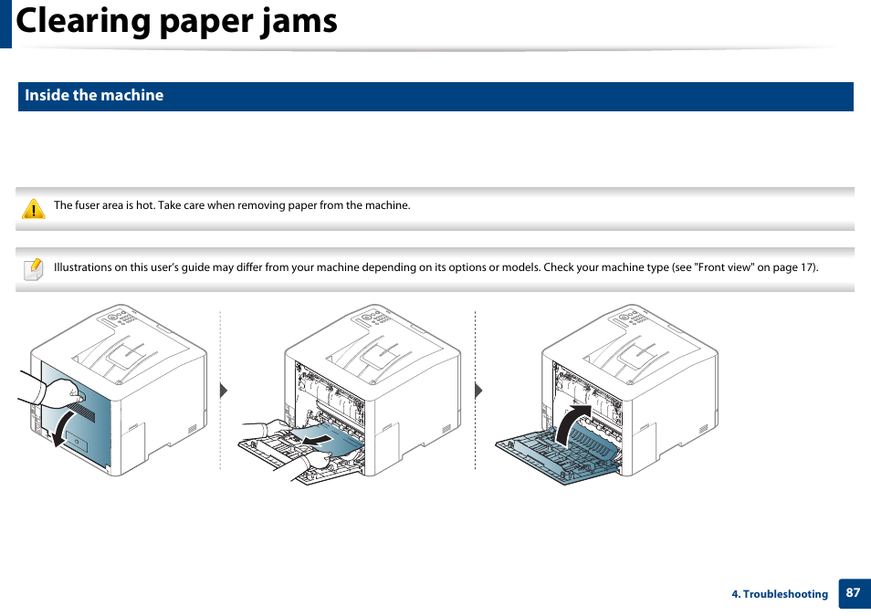 Clearing paper jams, Inside the machine | Samsung CLP-415NW-XAA User Manual | Page 86 / 270