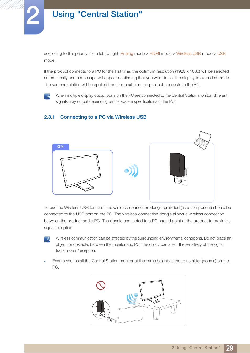 1 connecting to a pc via wireless usb, Connecting to a pc via wireless usb, Using "central station | Samsung LC27A750XS-ZA User Manual | Page 29 / 94