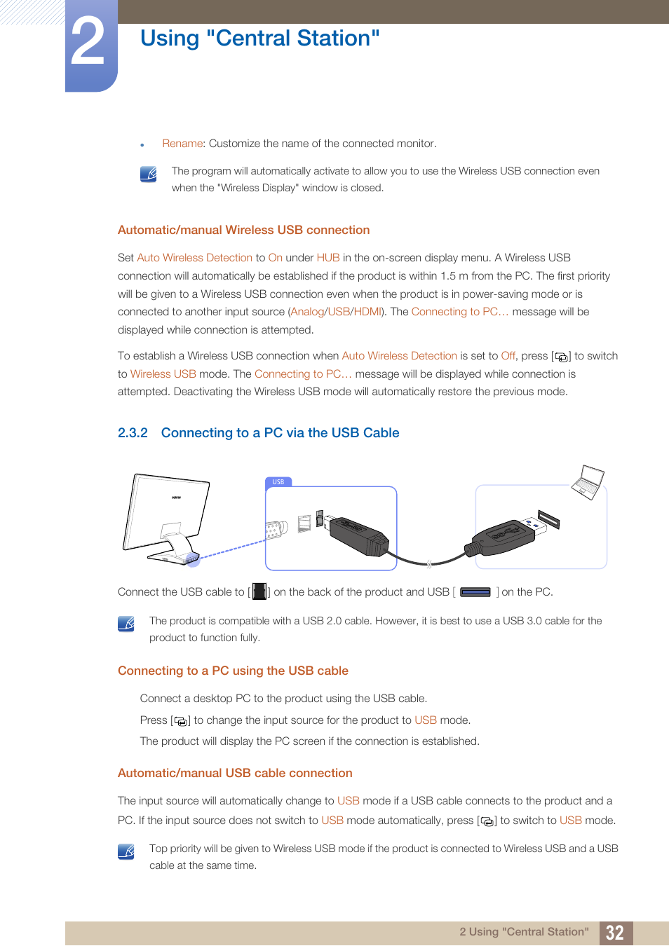 Automatic/manual wireless usb connection, 2 connecting to a pc via the usb cable, Connecting to a pc using the usb cable | Automatic/manual usb cable connection, Connecting to a pc via the usb cable, Using "central station | Samsung LC27A750XS-ZA User Manual | Page 32 / 94