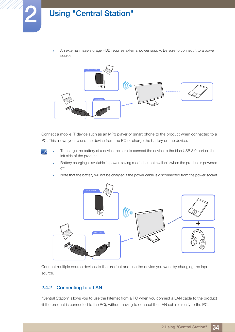 2 connecting to a lan, Connecting to a lan, Using "central station | Samsung LC27A750XS-ZA User Manual | Page 34 / 94