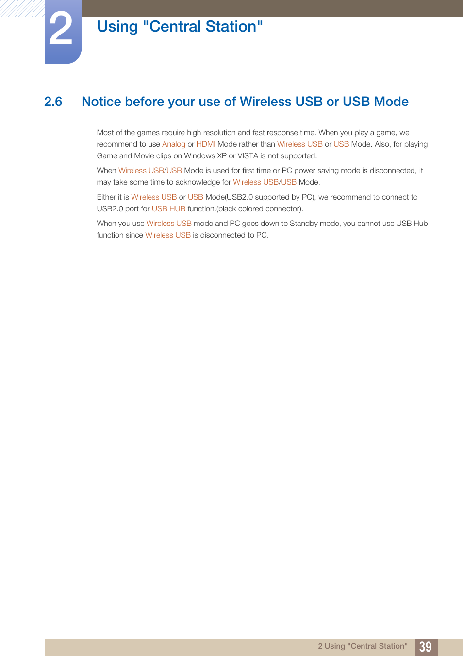 Notice before your use of wireless usb or usb mode, Using "central station | Samsung LC27A750XS-ZA User Manual | Page 39 / 94