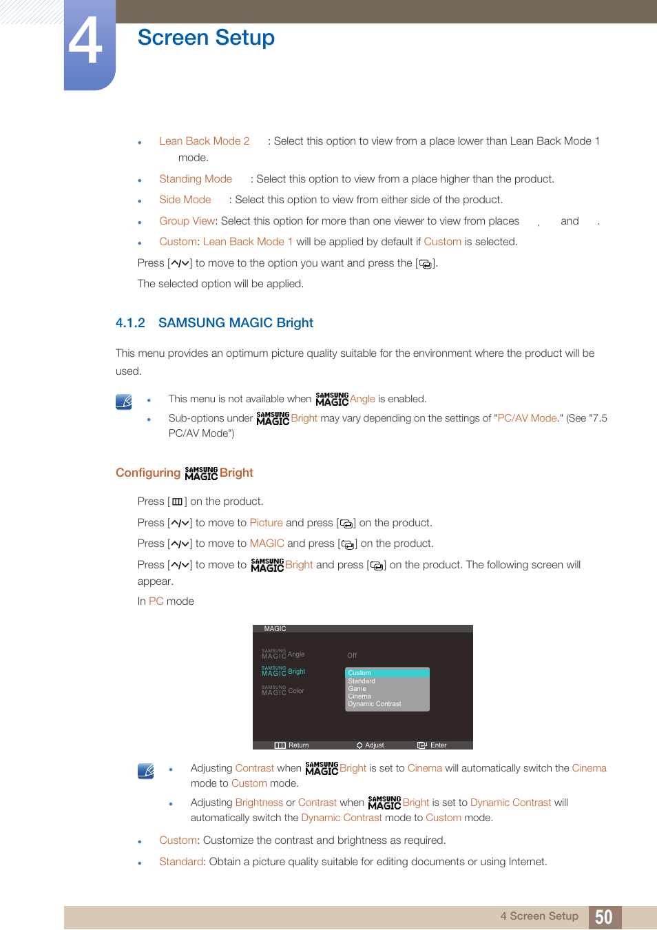 2 samsung magic bright, Configuring bright, Samsung magic bright | Screen setup | Samsung LC27A750XS-ZA User Manual | Page 50 / 94