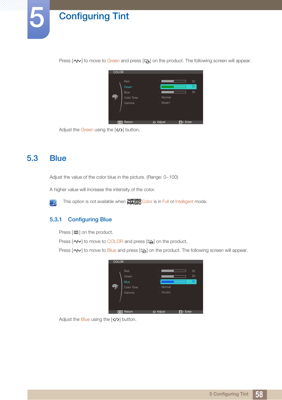 3 blue, 1 configuring blue, Blue | Configuring blue, Configuring tint | Samsung LC27A750XS-ZA User Manual | Page 58 / 94