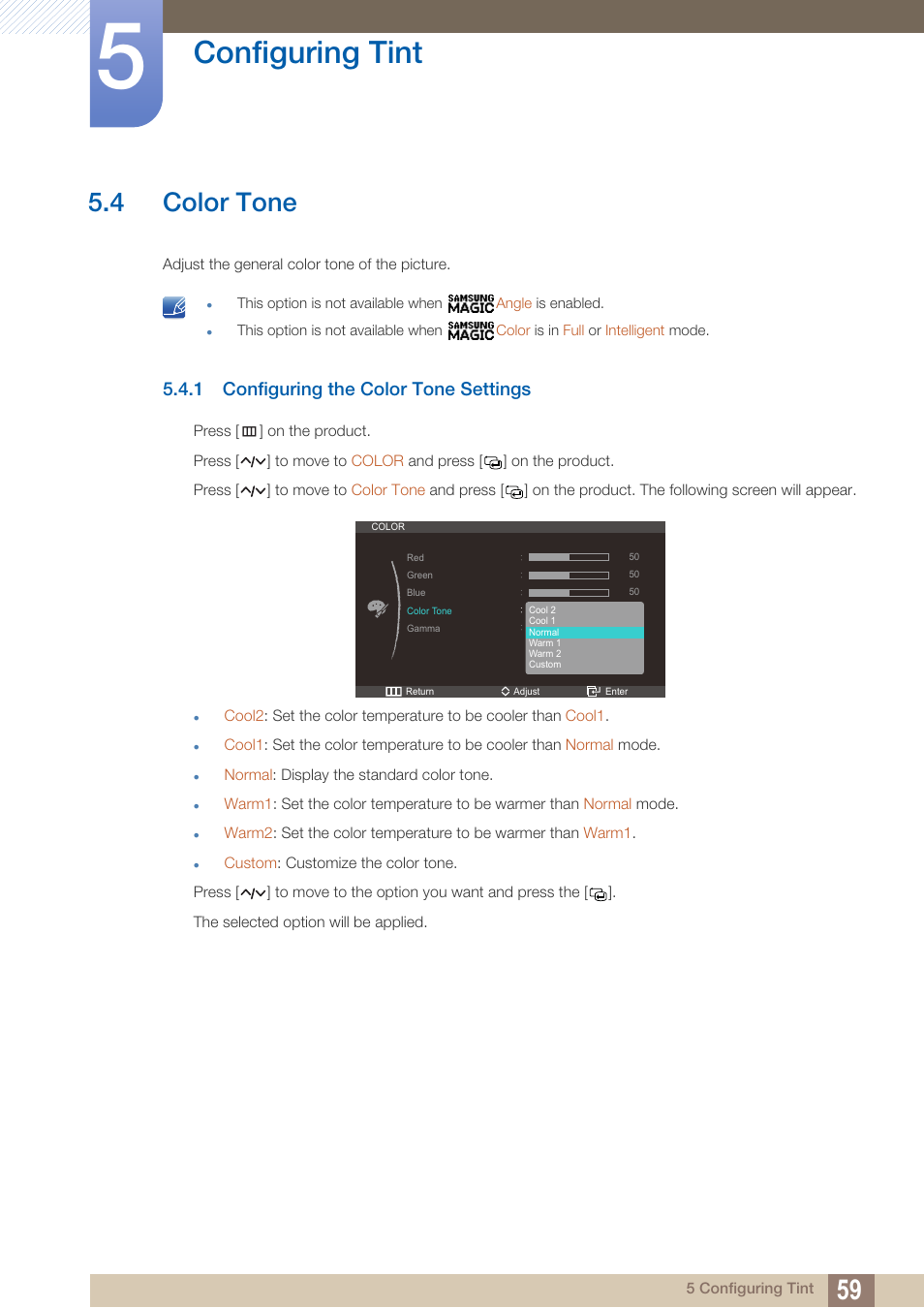 4 color tone, 1 configuring the color tone settings, Color tone | Configuring the color tone settings, Configuring tint | Samsung LC27A750XS-ZA User Manual | Page 59 / 94