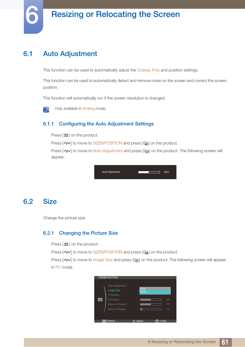 Resizing or relocating the screen, 1 auto adjustment, 1 configuring the auto adjustment settings | 2 size, 1 changing the picture size, Resizing or, Relocating the, Screen, Auto adjustment, Configuring the auto adjustment settings | Samsung LC27A750XS-ZA User Manual | Page 61 / 94