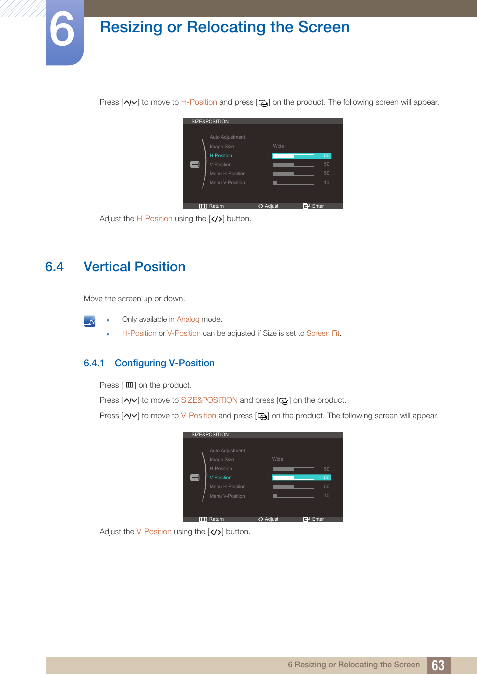 4 vertical position, 1 configuring v-position, Vertical position | Configuring v-position, Resizing or relocating the screen | Samsung LC27A750XS-ZA User Manual | Page 63 / 94