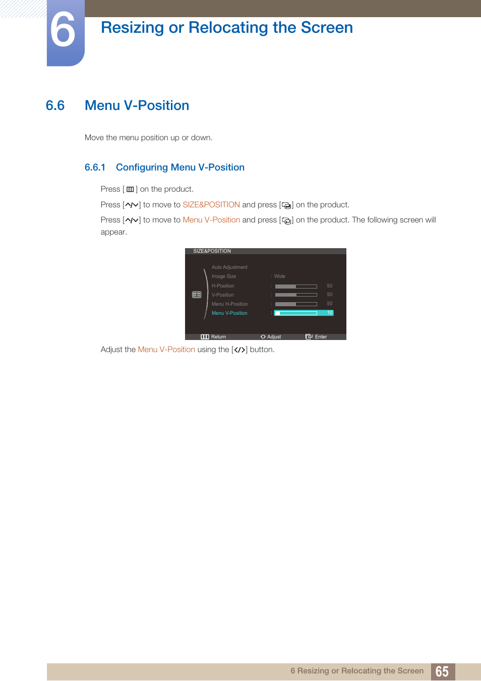 6 menu v-position, 1 configuring menu v-position, Menu v-position | Configuring menu v-position, Resizing or relocating the screen | Samsung LC27A750XS-ZA User Manual | Page 65 / 94