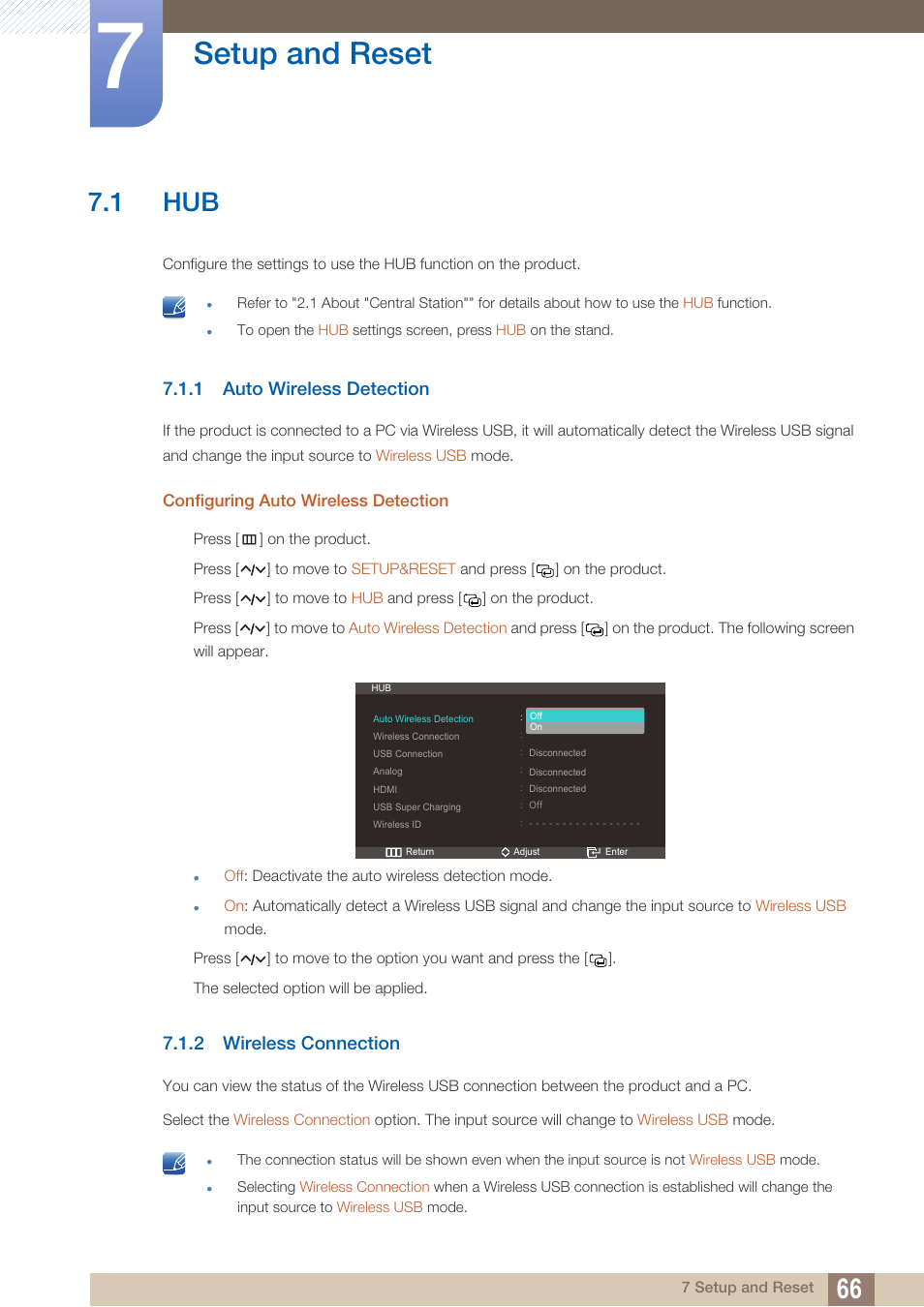 Setup and reset, 1 hub, 1 auto wireless detection | Configuring auto wireless detection, 2 wireless connection, Auto wireless detection, Wireless connection | Samsung LC27A750XS-ZA User Manual | Page 66 / 94