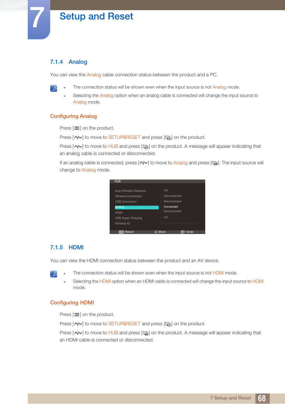 4 analog, Configuring analog, 5 hdmi | Configuring hdmi, Analog, Hdmi, Setup and reset | Samsung LC27A750XS-ZA User Manual | Page 68 / 94