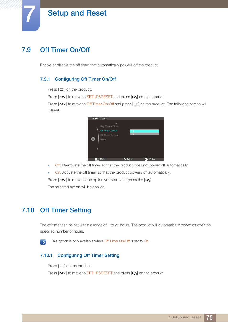 9 off timer on/off, 1 configuring off timer on/off, 10 off timer setting | 1 configuring off timer setting, Off timer on/off, Configuring off timer on/off, Off timer setting, Configuring off timer setting, Setup and reset | Samsung LC27A750XS-ZA User Manual | Page 75 / 94