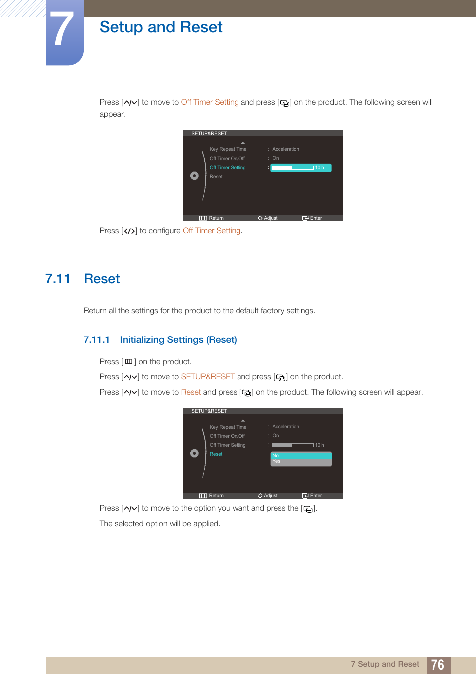11 reset, 1 initializing settings (reset), Reset | Initializing settings (reset), Setup and reset | Samsung LC27A750XS-ZA User Manual | Page 76 / 94
