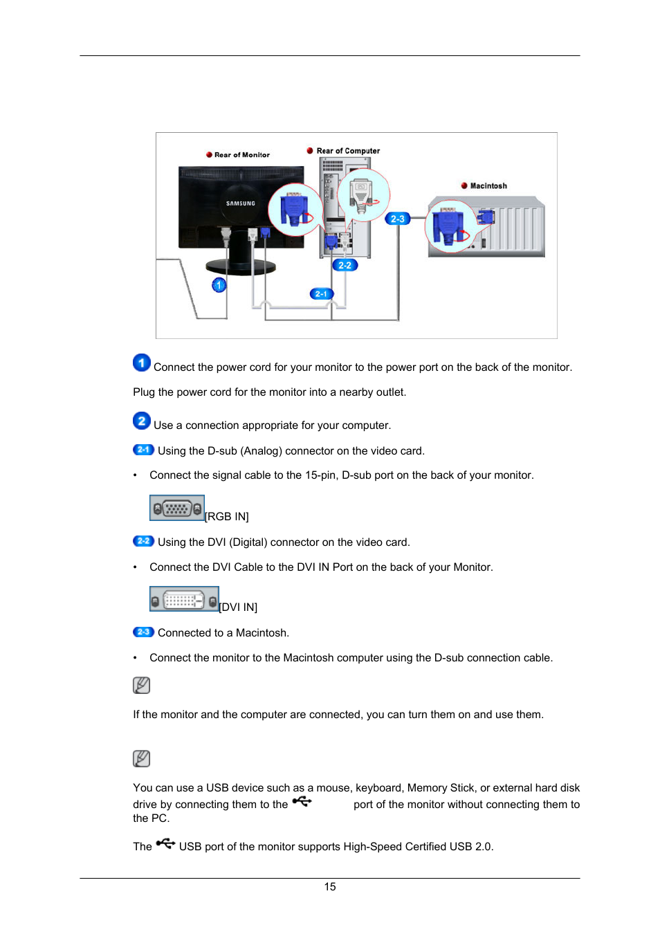 Connections, Connecting cables, Connecting usb (option) | Samsung LS23MYZKFV-XAA User Manual | Page 16 / 75