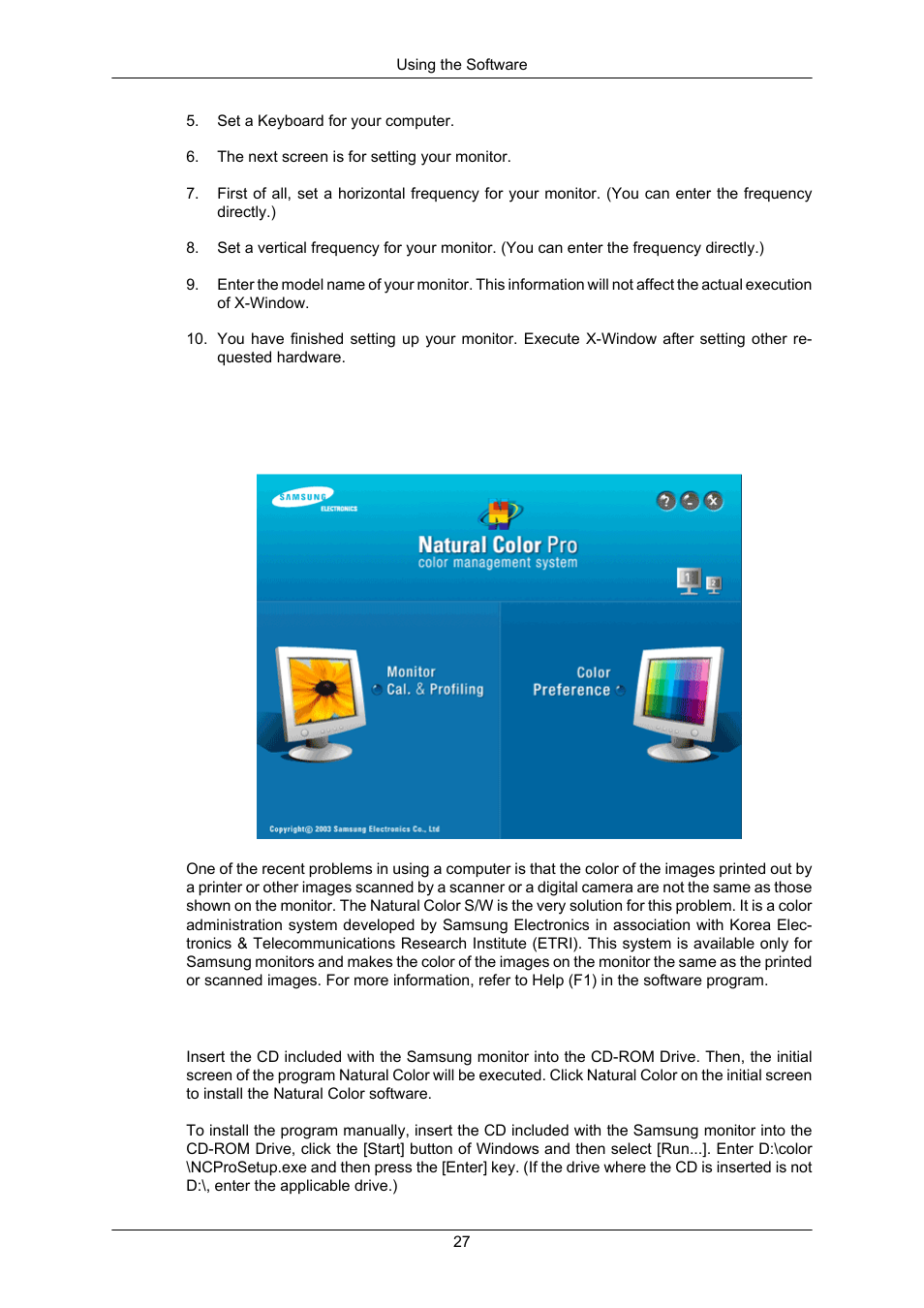 Natural color, Natural color software program, How to install the natural color software | Samsung LS23MYZKFV-XAA User Manual | Page 28 / 75